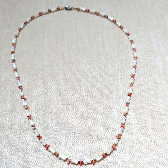Tulip Carved Mother of Pearl Beads and Coral Necklace with Brass Bead Spacers - Picture 8 of 8